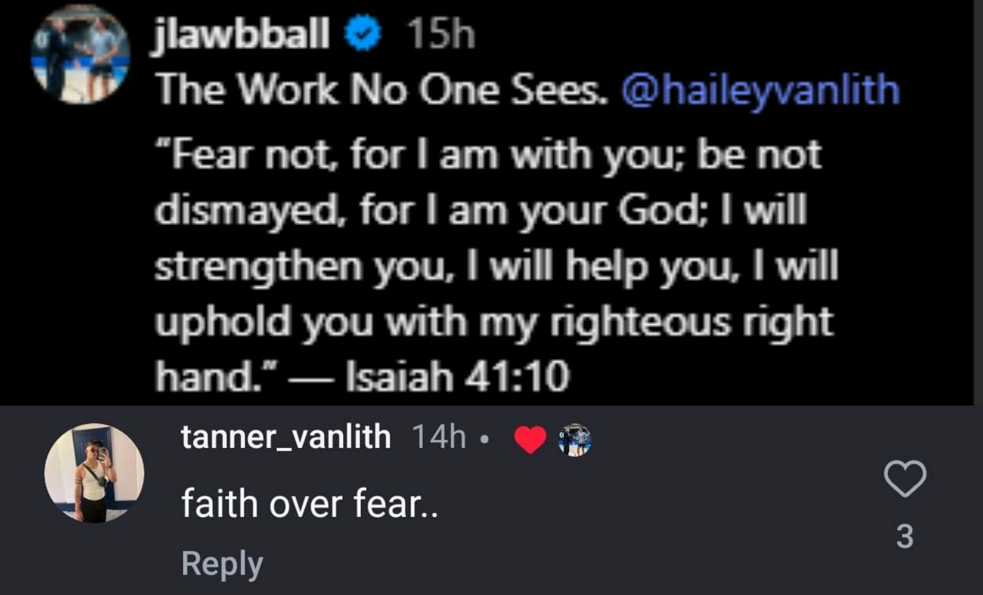 IG comment of Hailey Van Lith's brother (via @jlawbball/Instagram)